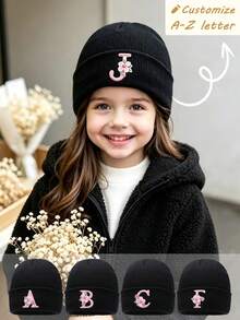 1Pc A-Z Letter Kids Knitted Hat, Solid Color Warm Children Knitted Cap For Ages 3–8 Boys And Girls , Suitable For Outdoor & Daily Wear - Black - View 1