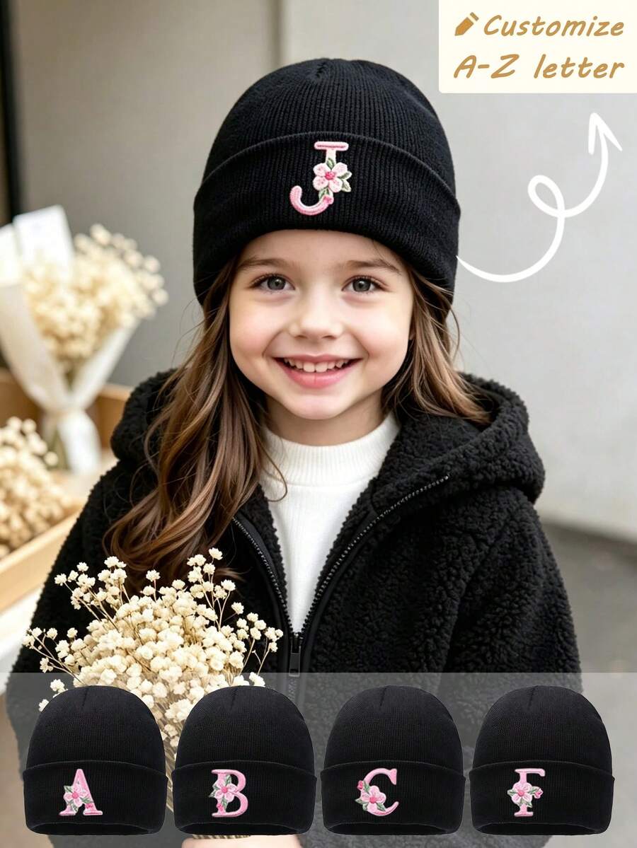 1Pc A-Z Letter Kids Knitted Hat, Solid Color Warm Children Knitted Cap For Ages 3–8 Boys And Girls , Suitable For Outdoor & Daily Wear - Black - View 1