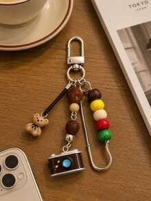 Retro Beaded Camera Keychain With Cute Bear,Beaded Pin Bag Charm,Phone Accessory,Unisex Wallet Charm,Handbag Accessories,Must-Have For Fashionistas - Multicolor - View 2