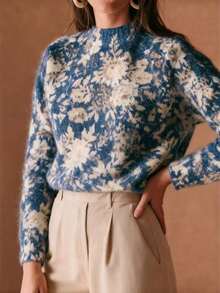 French Fresh Elegant Floral Print Round Neck Pullover Sweater Knit Top For Women - Flower - View 4