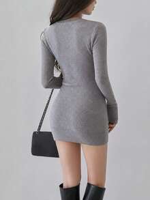 Women's Grey Knit Sweater Dress, Long Sleeve Fitted Short Pencil Skirt With Button Detail, Suitable For Autumn/Winter Season - Grey - View 3