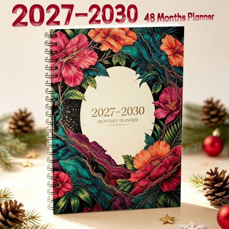 1PC A5 Monthly Planner 2027-2030 Romantic Pink Peony Floral Cover, Spiral Bound 48-Month Calendar Notebook, Weekly & Monthly Pages With Tabs, Thick Paper, Productivity Agenda Organizer For Student Office School - A5 - View 1