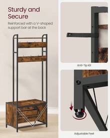 2026-NEW: Coat Rack With Shoe Storage, Hall Tree With Bench, 9 Hooks And Top Shelf, For Hallway, Bedroom, Industrial Style, Rustic Brown And Ink Black HSR405B01 - Rustic Brown + Classic Black - View 2