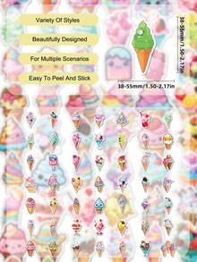 50Pcs Colorful Ice Cream Journal Stickers, Lovely Summer Dessert Cartoon Patterns Of Fruit‑Decorated Cones And Rainbow Sundaes, Suitable For Scrapbook, Tumbler, Tablet, Suitcase, Pencil Box - Multicolor - View 8