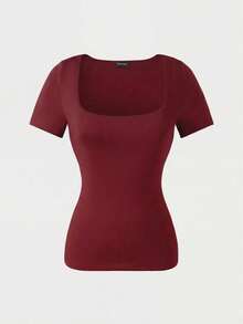 Casual Elegant Versatile Short Sleeve Boat Neck Top, Suitable For Daily Wear, Commuting, Going Out, Spring & Summer Red - Red - View 6