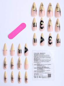 Y2K Gothic-Punk-Style Long Pointed False Nails; Nude-Beige Base, Black Lettering, Polka Dots, Rhinestones, And Steel Beads-Perfect For Women's French Tip Nails For Everyday Wear, Dates, Parties, And Holiday Looks. - Multicolor - View 5
