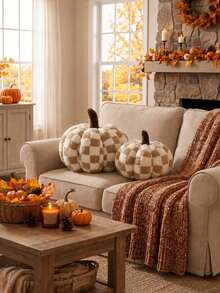 1pc Autumn Buffalo Plaid Pumpkin Shaped Plush Throw Pillow, Soft Teddy Fleece Filled Decorative Cushion, Farmhouse Style Fuzzy Sofa Pillow, Suitable For Living Room Bedroom, Halloween Thanksgiving Home Decor Room Arrangement - Light Brown - View 2