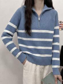 Women's Colorblock Striped Zip-Up Half Placket Lapel Long Sleeve Knit Sweater - Baby Blue - View 3