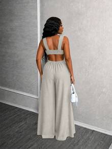SADE Solid Color Twisted Design Camisole Low Neck Loose Woven Green Jumpsuit Sexy Avant-Garde Street Fashion Date - Beige - View 3