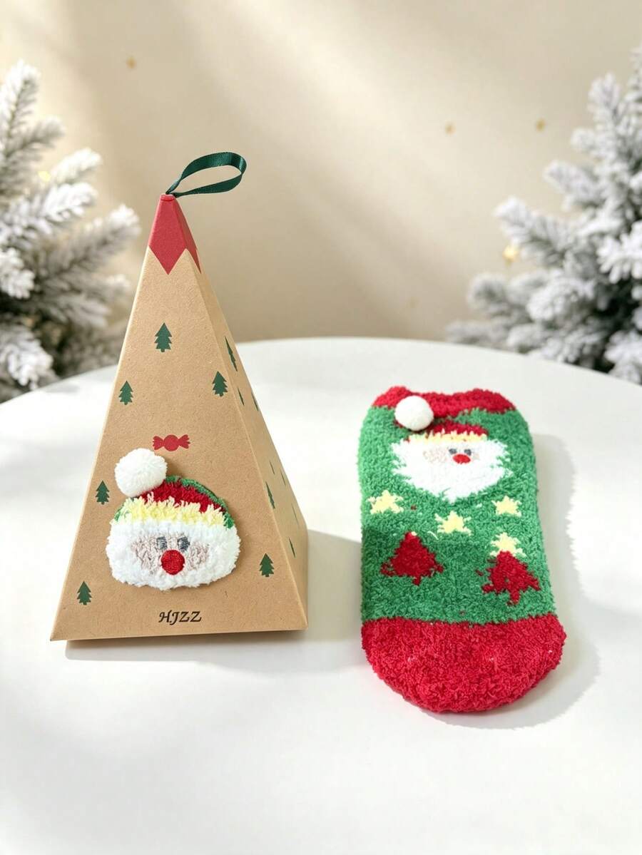 Juego de caja de regalo de calcetines de invierno de felpa de coral con diseño de Papá Noel de dibujos animados, calcetines de vacaciones suaves, cálidos y cómodos, calcetines de regalo para el hogar, múltiples tamaños adecuados para toda la familia - Multicolor - Ver 1