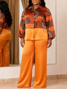 Afro Fashion Plus Size Satin 2-Piece Set, Lapel Button-Up Patchwork Print Shirt With Wide Leg Pants, Commute Office Casual Autumn Outfit - Brown - View 6