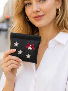Cute Star Bow‑Pearl Decor Self-Closing Wallet Passport Document Holder Data Cash Storage Bag Cosmetic Bag Vacation Travel Essentials Accessories - Multicolor - View 6