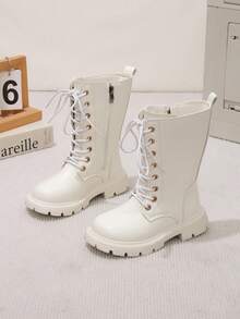 1 Pasang Sepatu Bot Kasual Modis Musim Semi/Gugur Terbaru, Hangat dan Nyaman, Ujung Bulat, Desain Resleting Samping, Panjang Setengah Betis untuk Anak Perempuan, Sepatu Bot Klasik - Putih - View 1