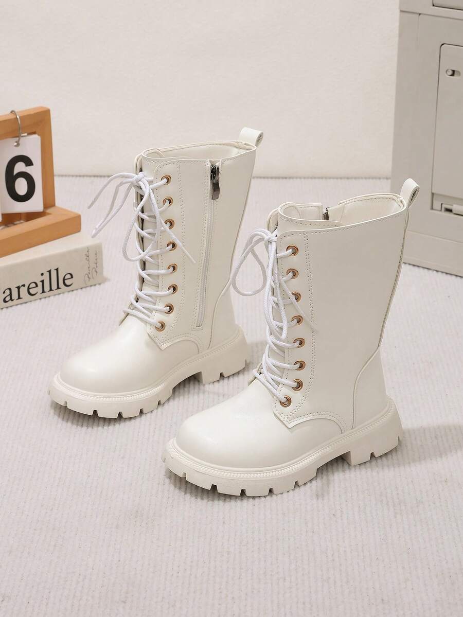 1 Pasang Sepatu Bot Kasual Modis Musim Semi/Gugur Terbaru, Hangat dan Nyaman, Ujung Bulat, Desain Resleting Samping, Panjang Setengah Betis untuk Anak Perempuan, Sepatu Bot Klasik - Putih - View 1