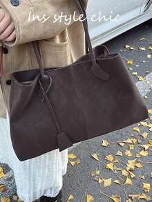 Large Capacity Soft Open-Top Maillard Ins Minimalist Relaxed Style Shoulder Tote Bag, Casual Women's Handbag For Office, Commute, Travel, Shopping, Dating - Coffee - View 5