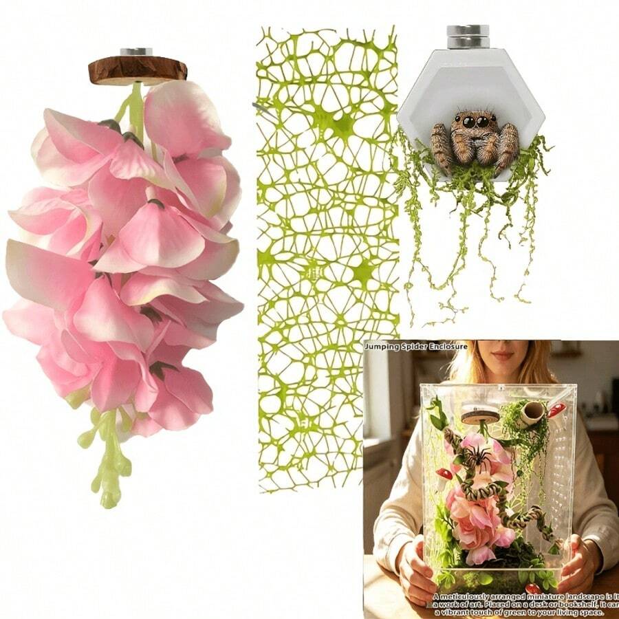 3PCS/Set Magnetic Jumping Spider Enclosure Decor Accessories Kit, Artificial Hanging Flower Vines Moss Hide Tube Flexible Mesh Climbing Net, Mini Reptile Habitat Decor Set For Jumping Spiders, Small Arachnids, Insect Pet Terrarium Ornament Supplies - View 1