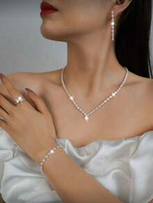 4pcs/Set Fashionable Glamorous Rhinestone Necklace Set, Bridal Wedding Banquet Dress Jewelry Accessories For Women - Silver - View 4