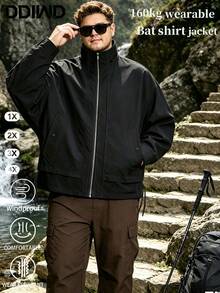 Herrjacka med ståkrage, europeisk och amerikansk stil, plus size lös passform, utomhusjacka för vandring, camping och trekking - Svart - Visa 1