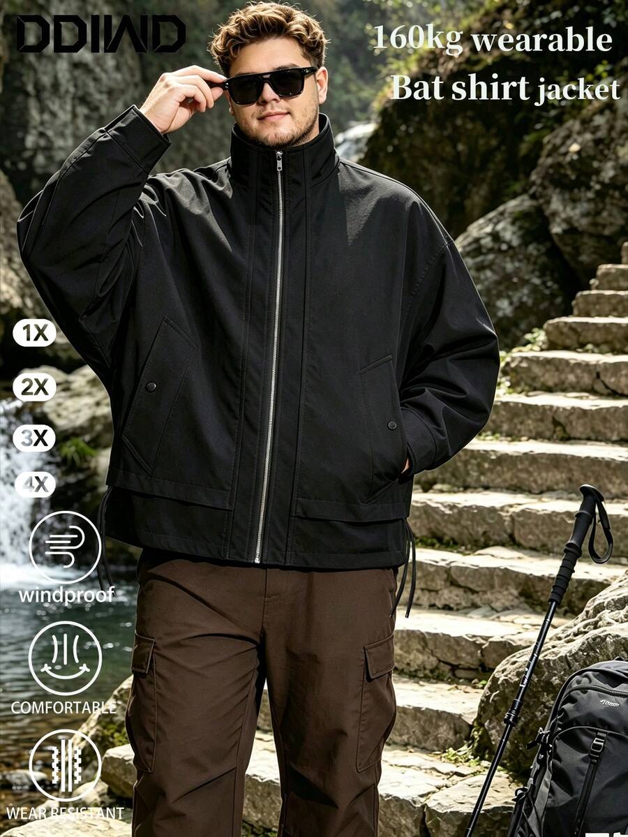 Herrjacka med ståkrage, europeisk och amerikansk stil, plus size lös passform, utomhusjacka för vandring, camping och trekking - Svart - Visa 1