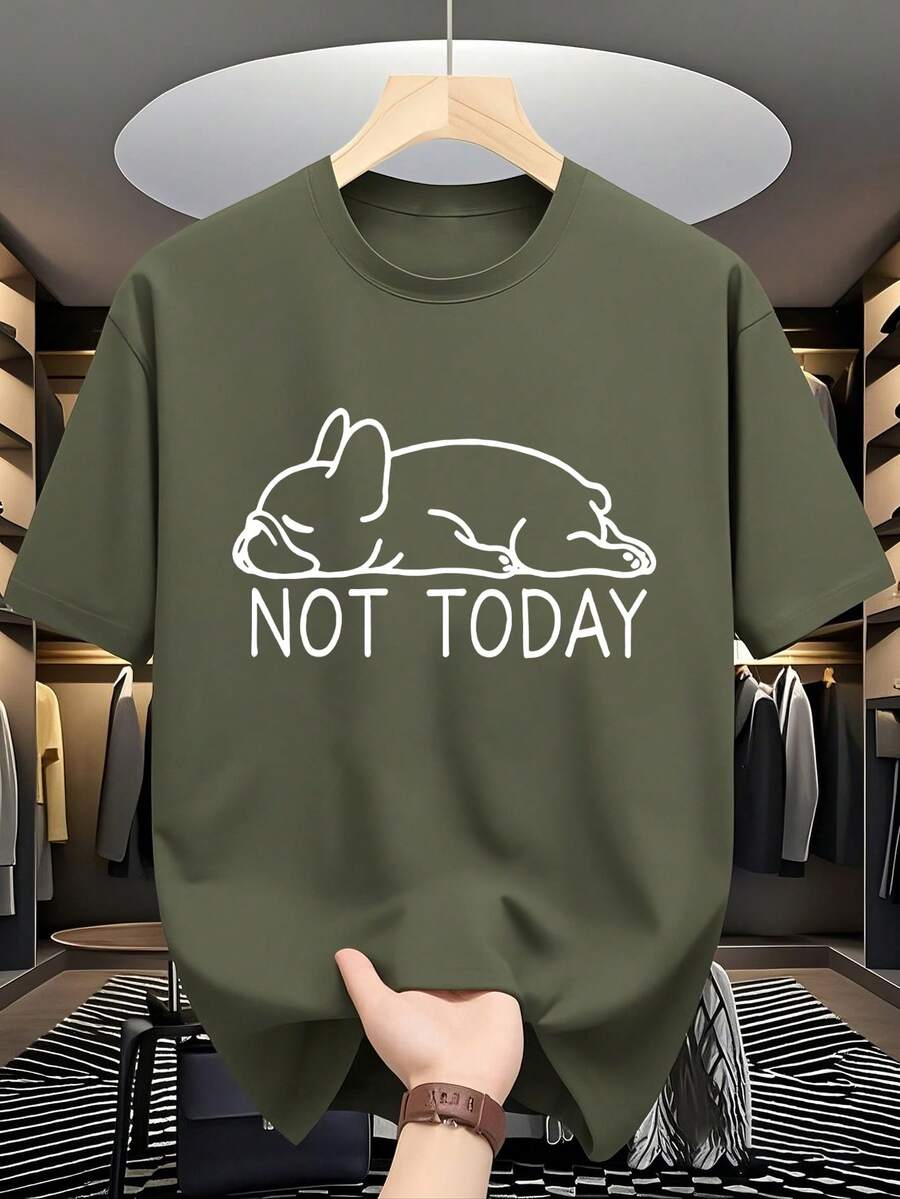 夏季休閒百搭「NOT TODAY」懶狗印花圓領短袖T恤 - 軍綠色 - 查看 1