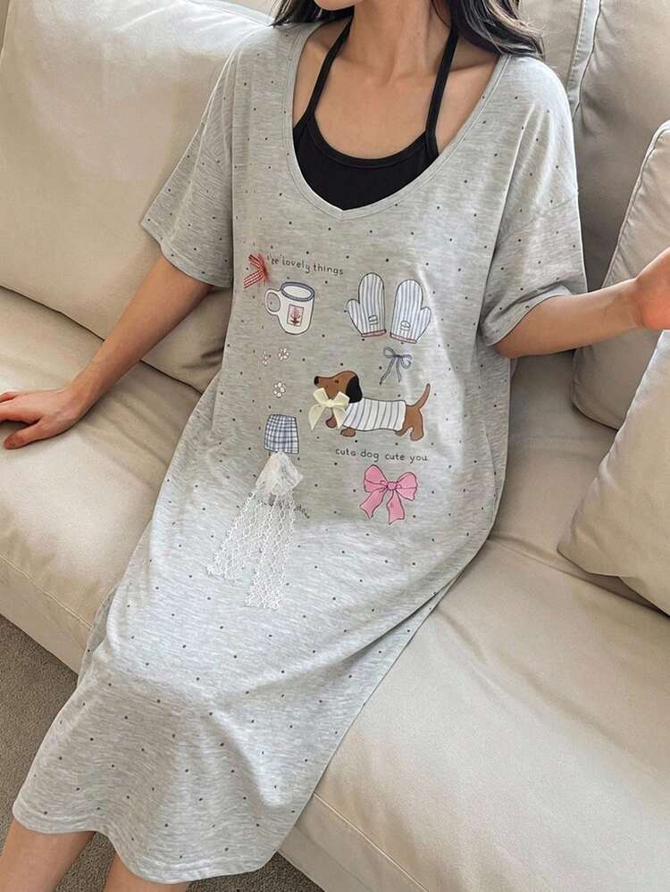DAZY 女款快樂小狗印花短袖兩件式睡裙，可愛風格，蝴蝶結裝飾 - 淺灰色 - 查看 2