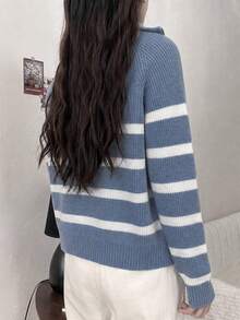 Women's Colorblock Striped Zip-Up Half Placket Lapel Long Sleeve Knit Sweater - Baby Blue - View 2