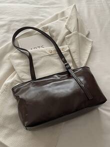 1pc Coffee Brown Large Capacity Solid Color PU Patchwork Tote Bag Women's Shoulder Bag - Coffee Brown - View 5