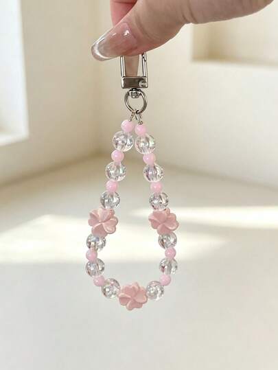 Pink Floral Beaded Phone Chain Phone Accessory Phone Lanyard, Fashionable Versatile Portable Hanging Chain Outdoor Anti-Loss Wrist Strap, Suitable For CCD Camera Lanyard Decoration, Earphone Case Lanyard, Car Key Chain Pendant, Water Bottle Lanyard, Bag Charm