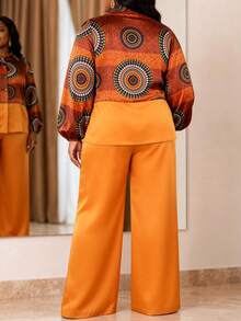 Afro Fashion Plus Size Satin 2-Piece Set, Lapel Button-Up Patchwork Print Shirt With Wide Leg Pants, Commute Office Casual Autumn Outfit - Brown - View 3