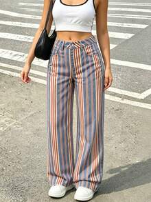Celana Jeans Wanita Model Lurus, Desain Garis Vertikal Multiwarna Gaya Kasual Jalanan Musim Gugur - MultiWarna - View 1
