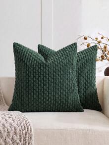 1pc Modern Bohemian Green Striped Cushion Cover (Pillow Core Not Included), Soft Corduroy Embossed 3D Striped Decorative Square Pillow Case, Suitable For Sofa, Bedroom, Bed, All Seasons - Dark Green - View 1