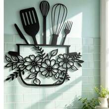 1pc 2D Flat Printed Faux Metal Wall Decor - Black And Colorful Floral Kitchen Decoration With Cooking Utensils Pattern, Modern Farmhouse Style Exquisite Craftsmanship Indoor Wall Hanging Thanksgiving Home Decor - Black - View 7