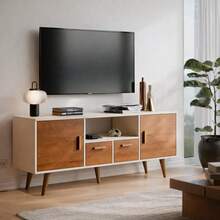 Rack Barcelona para TV em MDF com 2 Portas e 2 Gavetas – Design Moderno e Elegante - Off White/Freijó - 1PC - Visão 1