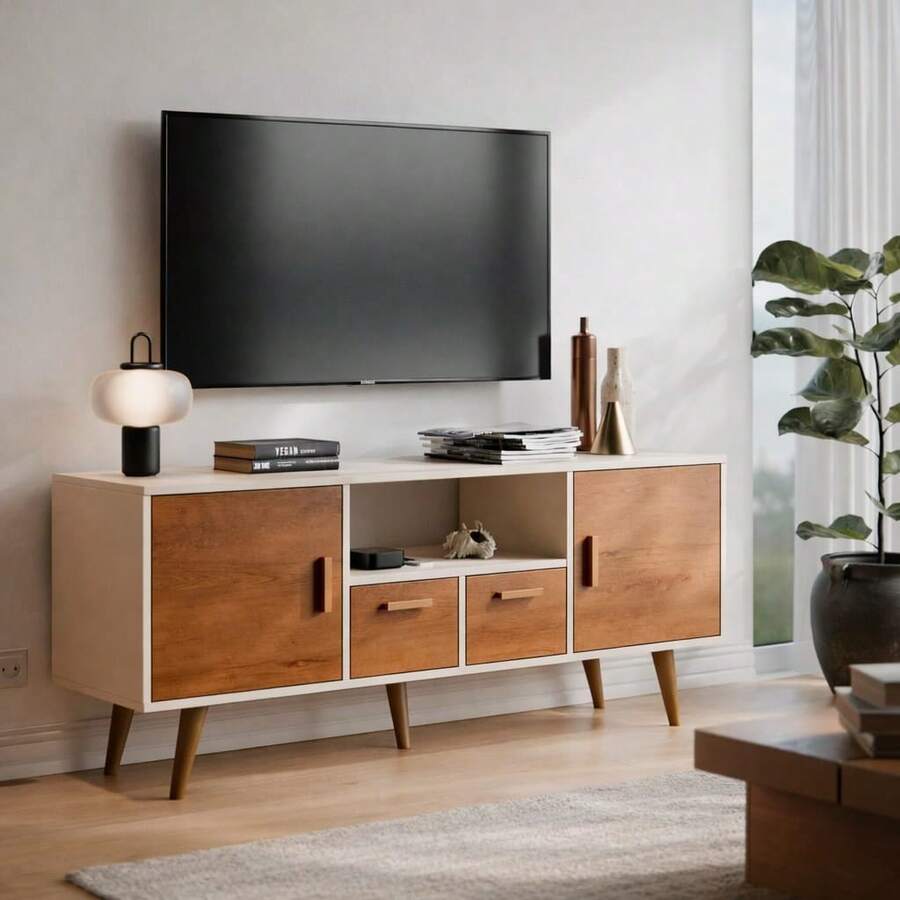 Rack Barcelona para TV em MDF com 2 Portas e 2 Gavetas – Design Moderno e Elegante - Off White/Freijó - 1PC - Visão 1
