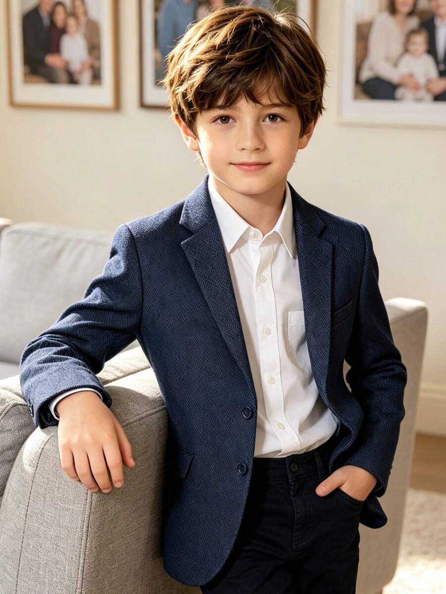 Boys' Navy Blue Herringbone Suit Jacket, Notch Lapel Single-Breasted Formal Blazer, Suitable For Weddings, Birthdays, Parties, Photo Shoots, 6-16 Years Old - Navy Blue - View 1