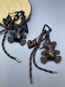 Vintage Faux Leather Bear Bag Charm Keychain, Cute Heart Pendant Braided Rope Handbag Accessory, Y2K Retro Aesthetic Backpack Charms For Women Girls - Multicolor - View 3