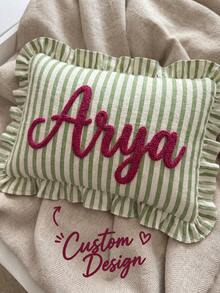 Personalized Striped Ruffled Punch Needle Throw Pillowcase, Embroidered Name Gift For Home, Perfect For Sofas Or Benches, Suitable For Living Room, Bedroom, Wedding Reception Photo Prop, Bridal Boudoir, Great Gift For Halloween, Thanksgiving. - Multicolor - View 4