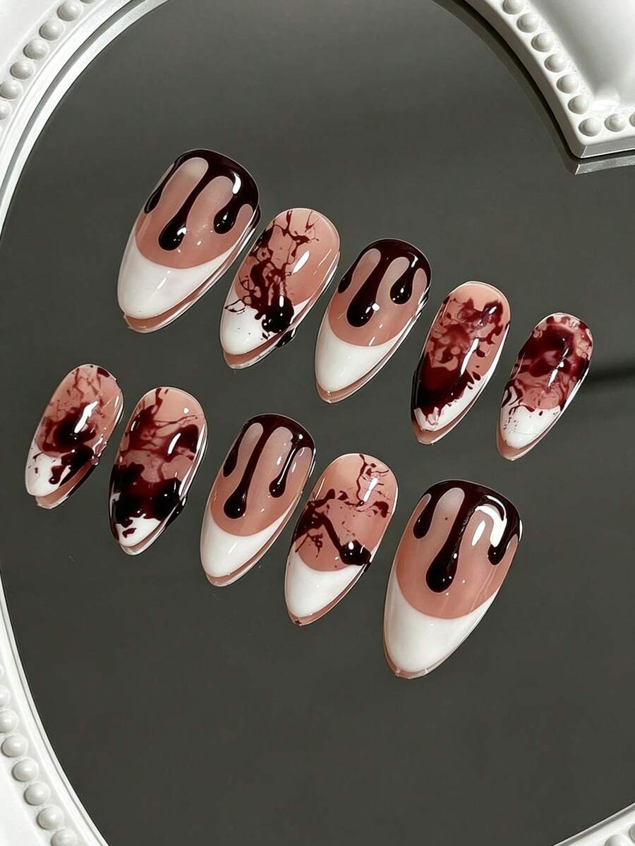 10pcs Handmade Almond Shape 3D Gel Press-On Nails, Halloween Horror Blood Drip & Splatter Gothic Style Fake Nails, Reusable Women's Funny Costume Nail Tips - Red - View 1