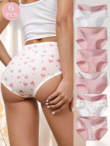 6pcs Pink Heart Print High Waist Cotton Women's Triangle Panties, Comfortable Bodycon Underwear - Multicolor - View 3