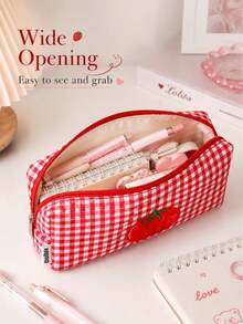 1pc Tomato Plaid Pattern Pencil Case, Fashionable High-Quality Stationery Storage Box And Desk Organizer, Portable Large Capacity Pen Bag, Student Gift, School Supplies, Christmas Gift, Back To School Essential - Tomato Plaid Pencil Case - View 3