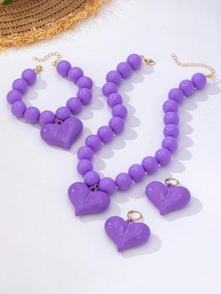 4pcs/Set Fashionable Red Beaded Heart Bracelet, Earrings, Necklace For Women, Suitable For Daily Wear, Vacation, Beach, Party, Gift - Purple - View 5