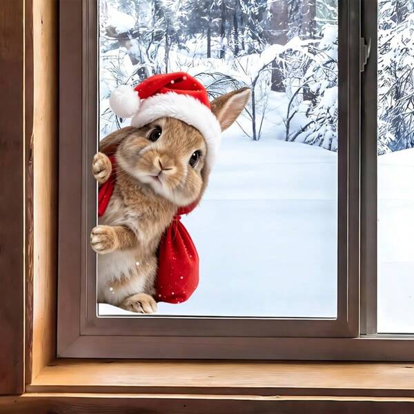 1/3/5pcs Christmas Bunny Window Cling, Cute Peeking Rabbit In Santa Hat Static Glass Decal, Reusable Double Sided Non Glue Vinyl Stickers For Holiday Home Window Door Decoration