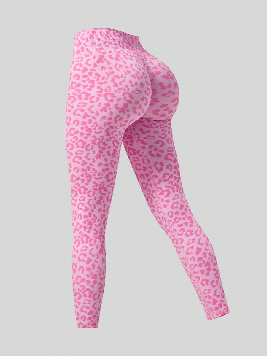 NcmRyu 1pc Women's Fashionable Elastic Contrast Color Leopard Print Ribbed Waist Sport Leggings - Pink - View 1