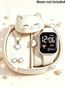 5pcs/Set Square LED Digital Heart Display Electronic Watch With Classic Heart Jewelry Set, Flexible Silicone Sports Strap, Compact And Lightweight For Student Daily Wear, Suitable As Birthday, Valentine's Day Gift For Girlfriend And Best Friend, Back To School, Graduation Season, Top Gift Choice (Gift Box Not Included) - Multicolor - View 3