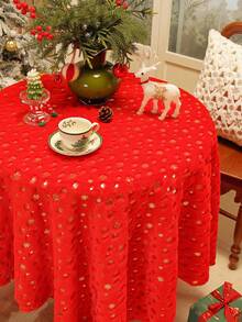 1pc Red Christmas Snowflake Foil Printed Velvet Tablecloth, Gold Christmas Snowflake Pattern Dining Tablecloth, Rectangular Tablecloth Christmas Holiday Restaurant Home Decor - Red - View 8