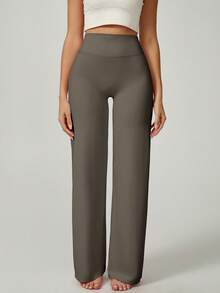 NcmRyu Women's One-Piece Solid Color High-Waisted Straight-Leg Wide-Leg Pants - Brown - View 6