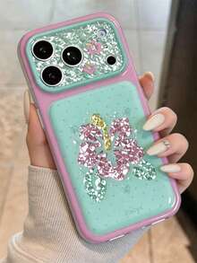Artistic Shiny Sequin Floral Star Polka Dot Phone Case, Compatible With IPhone 17 Pro Max 17 Pro 17 16 Pro Max 16 Pro 16 15 Pro Max, Rhinestone Textured Camera Protection, Pink Mint Green Contrast Back Shell - Mint Green - View 4
