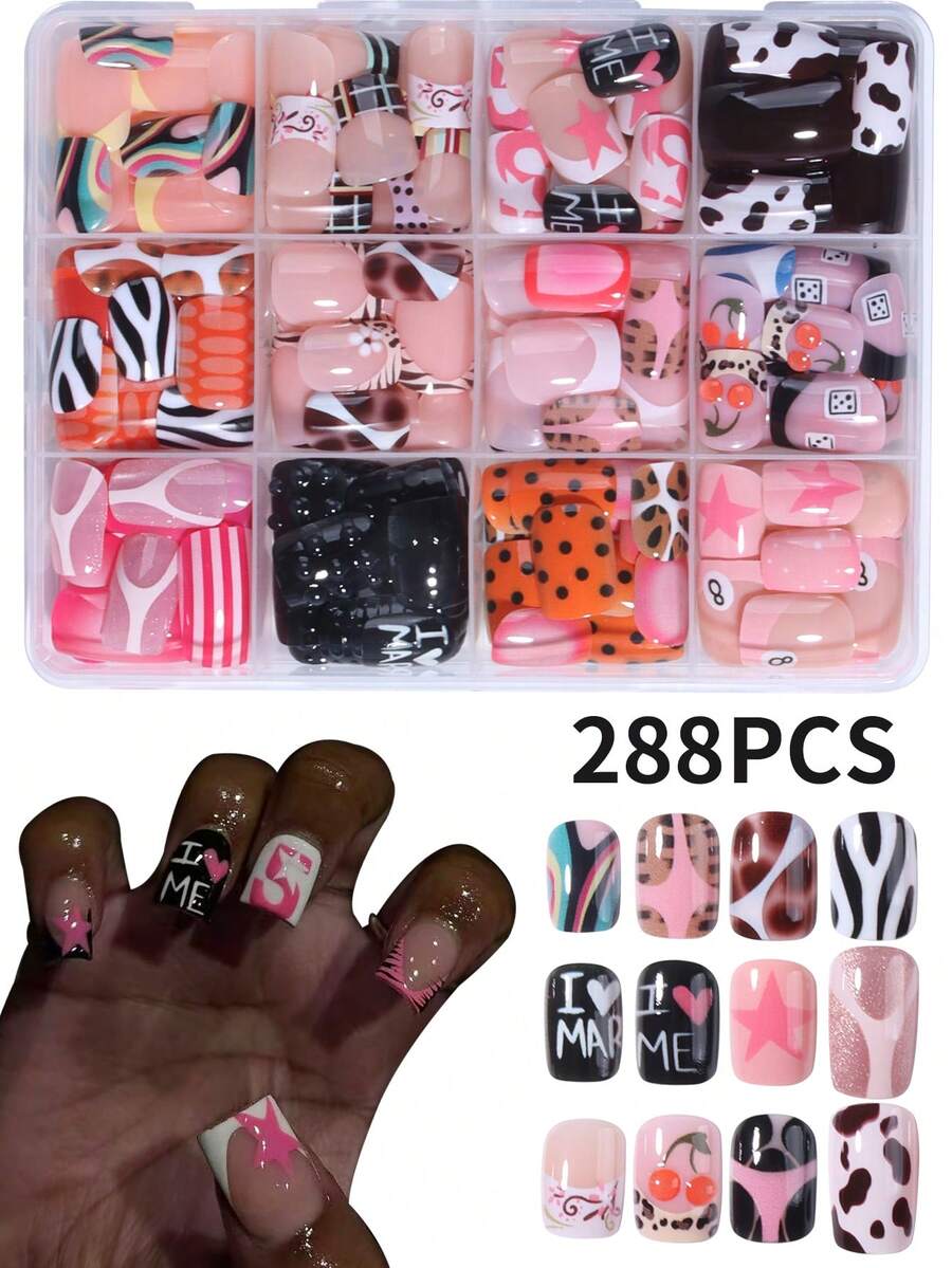 288pcs (12 Mixed Styles) Y2K Style Short Square Leopard Print, Cat Eye, Zebra Stripe, Halo Circle, Cherry, Star, Spade 8, Flower, Polka Dot Design Fake Nail Set, Suitable For Women's Daily Life And Party Use Nails - Multicolor - View 1