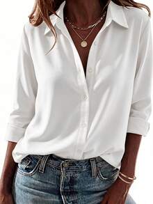 Women's Solid Button Front Shirt, Collared Long Sleeve Top For Business, Office, Home, Vacation, Holiday, Travel, Spring Summer Fall Winter - White - View 1