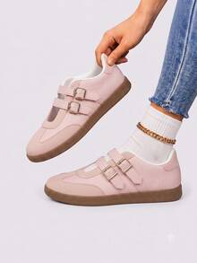 Giày sneaker đế bệt TCVC phối màu khối hai quai, giày Mary Jane tập luyện kiểu Đức retro, giày đi bộ thường ngày nữ - Hồng - Xem 6